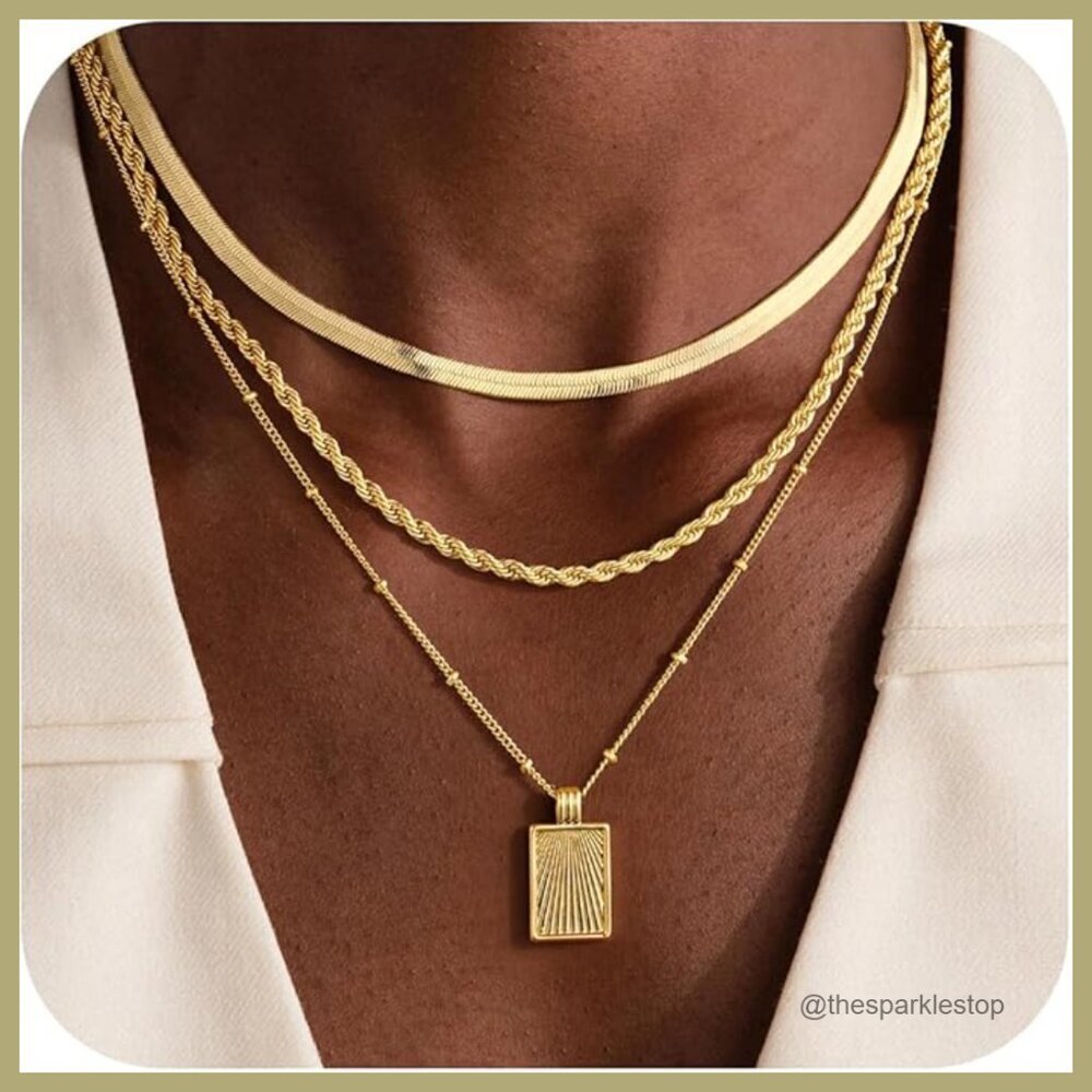 14K Gold-Plated Layered Necklace Set with Adjustable Chains and Pendants